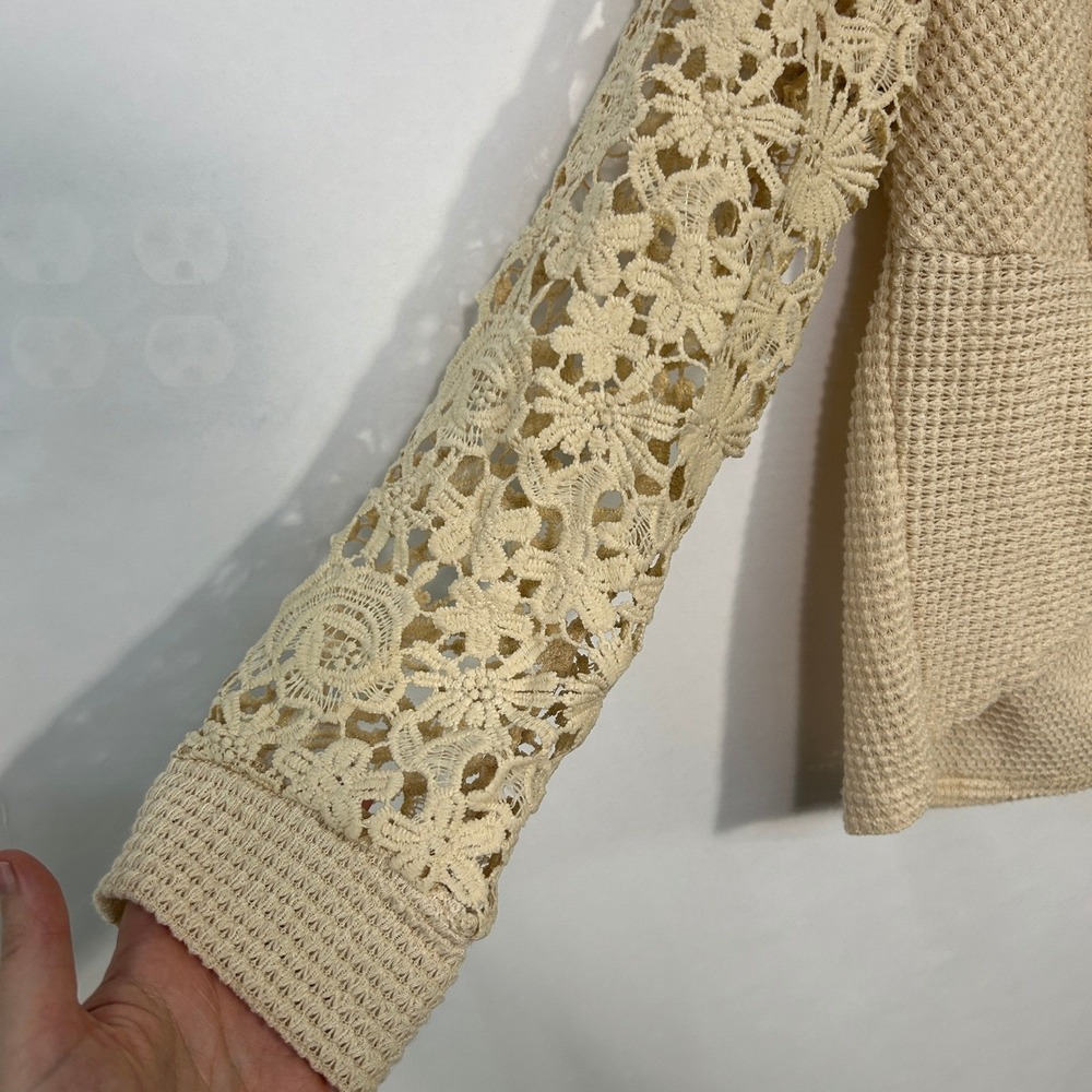 Waffle Knit Knot Front Sweater Romantic XL Beige Lace‎ Sleeve Boho Soft Indie - Picture 2 of 8